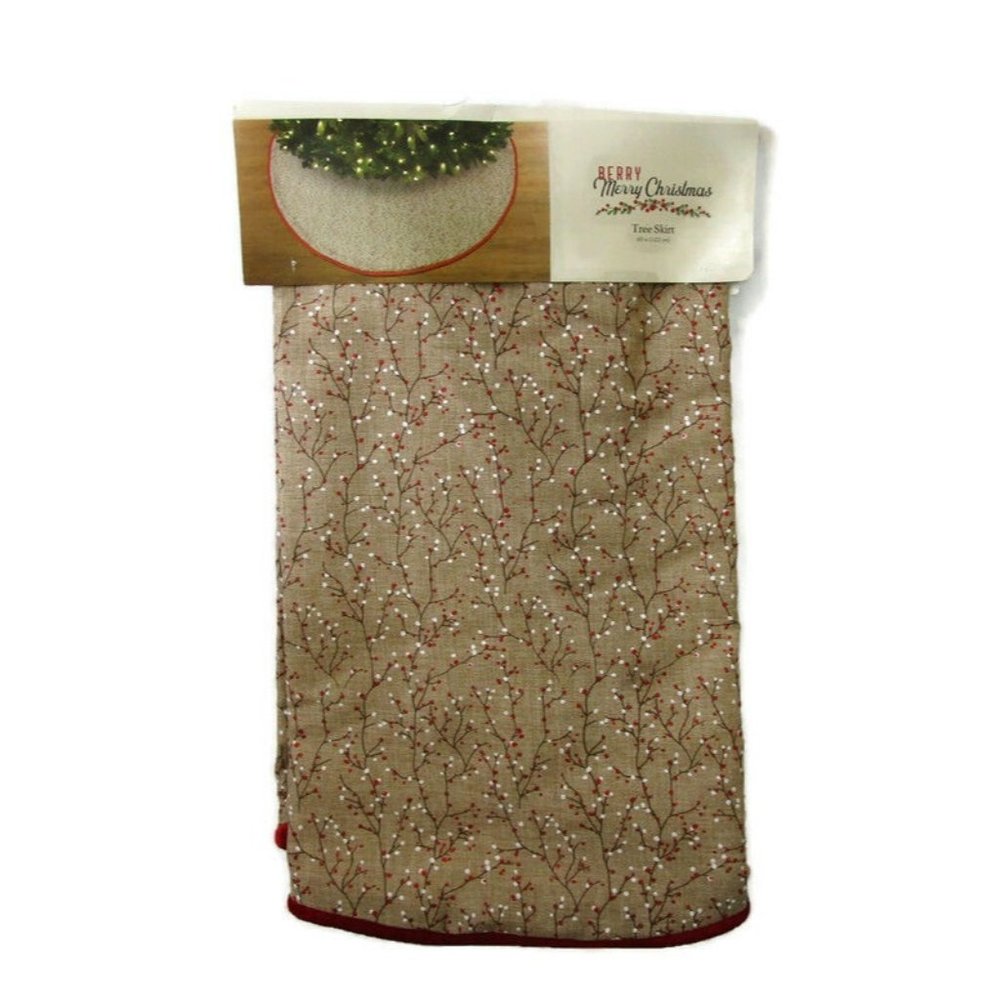 Berry Merry Christmas Tree Skirt 48" Country Burlap Look Trimmed Velvet Elegant!